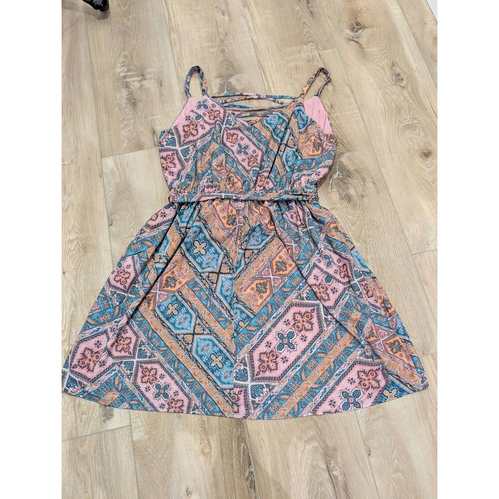 City Chic Tank Sundress Crisscross Belted Pink Patchwork Pattern Lined Plus 0XL - Picture 2 of 15